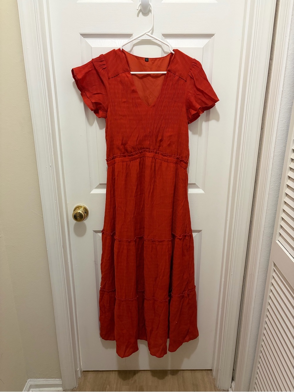 Amazon Red Tiered V-Neck Maxi Dress